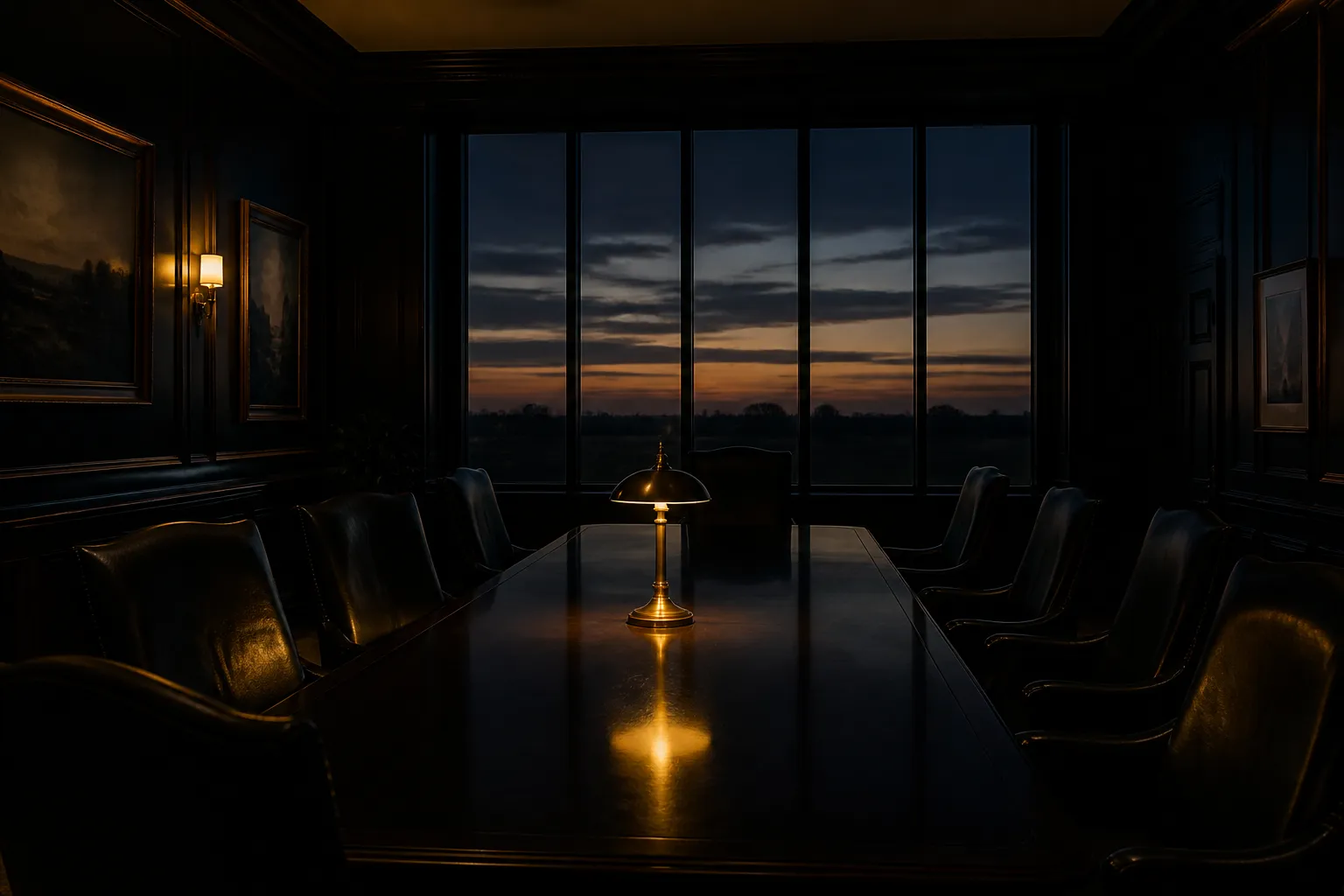 Empty conference room at dusk — Exit and succession path